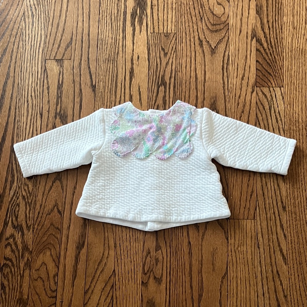 Jacadi White Quilted sweater with Liberty Pastel scallop Bib